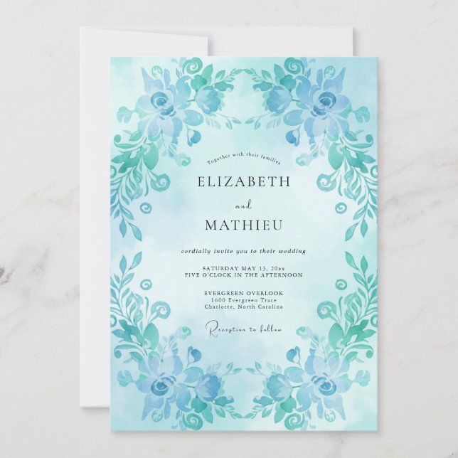 Turquoise Painted Leafy Wedding Invitation (Front)