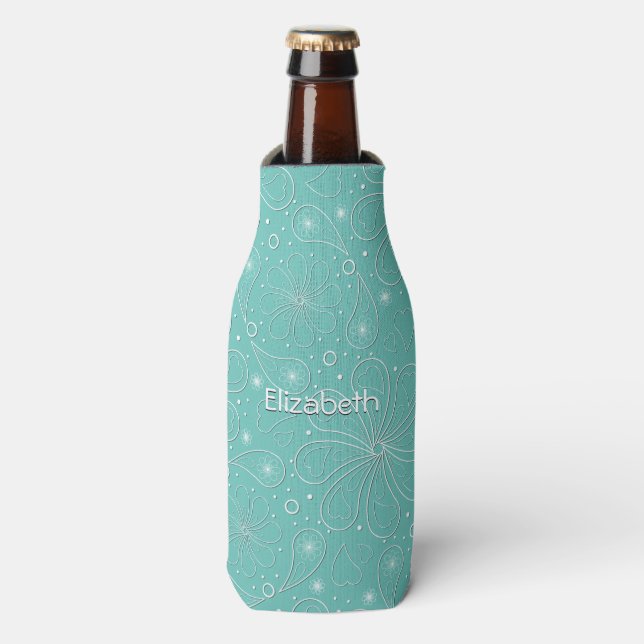Turquoise Paisley Floral Hearts Pattern Bottle Cooler (Bottle Front)