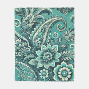 Turquoise Paisley Floral Pattern Fleece Blanket