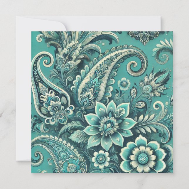 Turquoise Paisley Floral Pattern Holiday Card (Front)