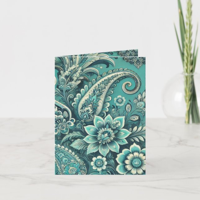 Turquoise Paisley Floral Pattern Holiday Card (Front)