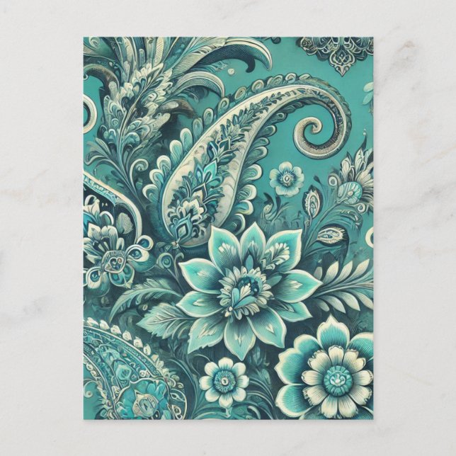 Turquoise Paisley Floral Pattern Holiday Postcard (Front)