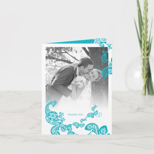 Turquoise Paisley Floral Peacock Boho Chic Wedding Thank You Card (Front)