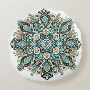 Turquoise Paisley Mandala with Gold Accents 1 Round Cushion