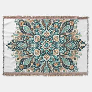 Turquoise Paisley Mandala with Gold Accents 1 Throw Blanket