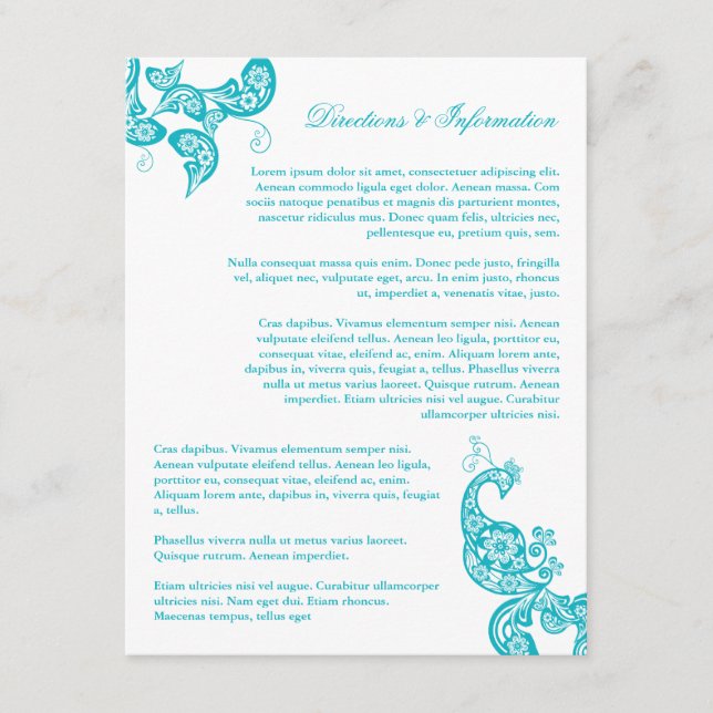 Turquoise Paisley Peacock Chic Wedding Information Enclosure Card (Front)