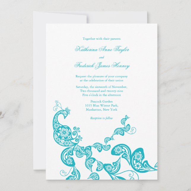 Turquoise Paisley Peacock Chic Wedding Invite (Front)