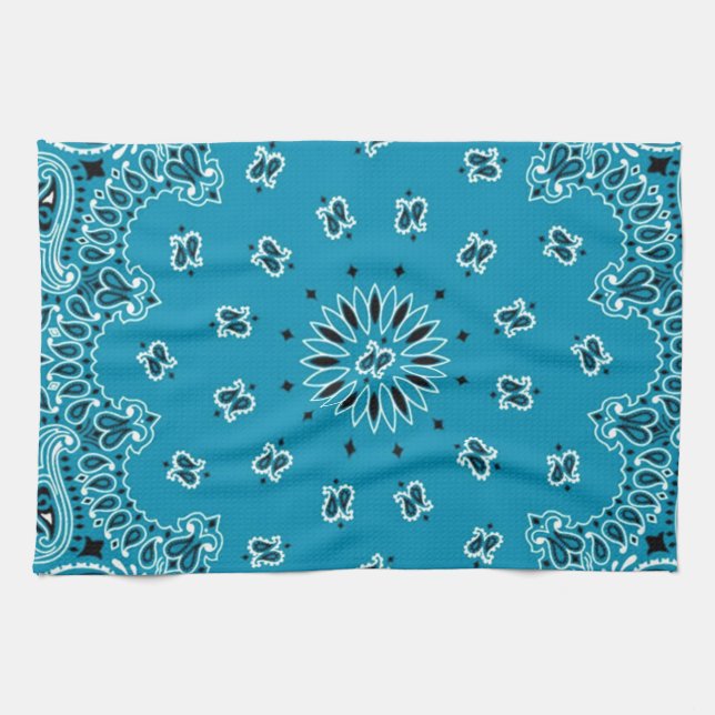 Turquoise Paisley Western Bandanna Scarf Print Tea Towel (Horizontal)