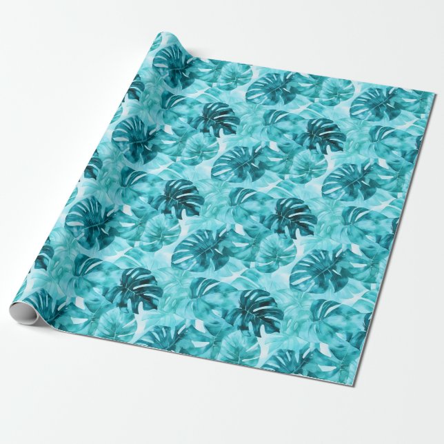 Turquoise Palm Fronds Wrapping Paper (Unrolled)