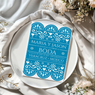Turquoise Papel Picado Folk Art Spanish Wedding Invitation