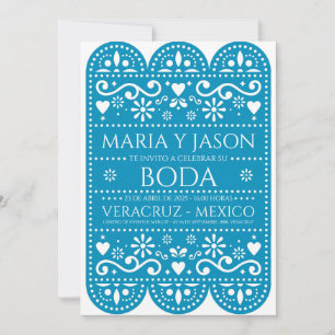 Turquoise Papel Picado Folk Art Spanish Wedding Invitation