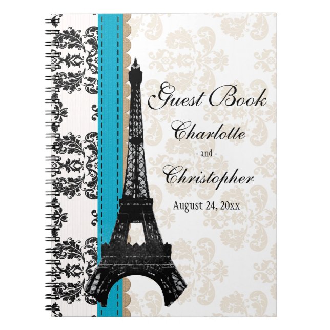 Turquoise Parisian Eiffel Tower Wedding Guest Book (Front)