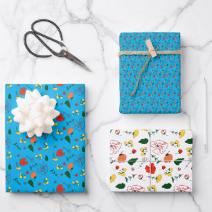 Turquoise pattern  red wildflowers wrapping paper