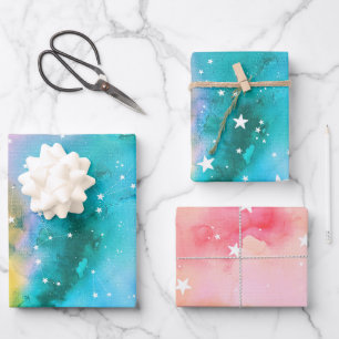 Turquoise Peach Blossom Colourful Celestial Stars Wrapping Paper Sheet
