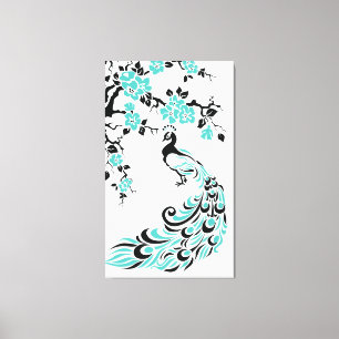 Turquoise peacock and cherry blossoms custom canvas print