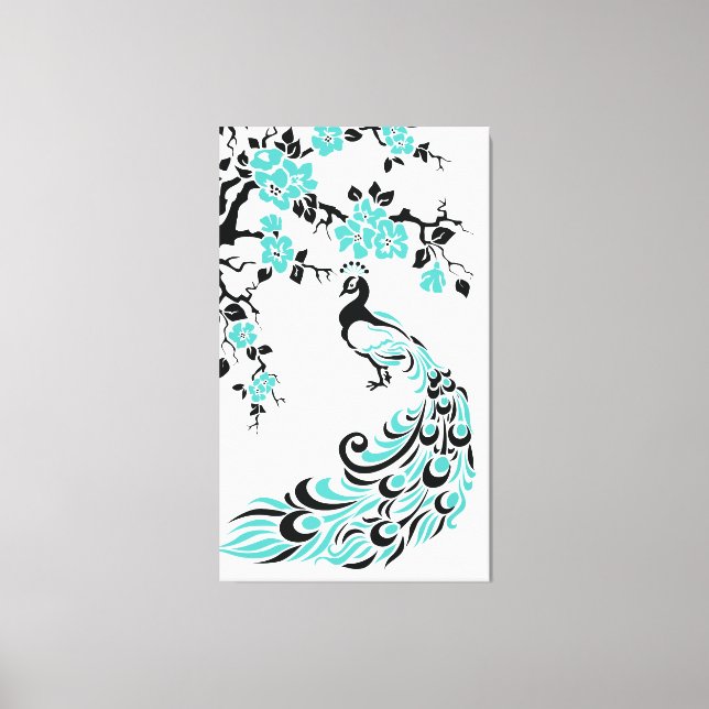 Turquoise peacock and cherry blossoms custom canvas print (Front)