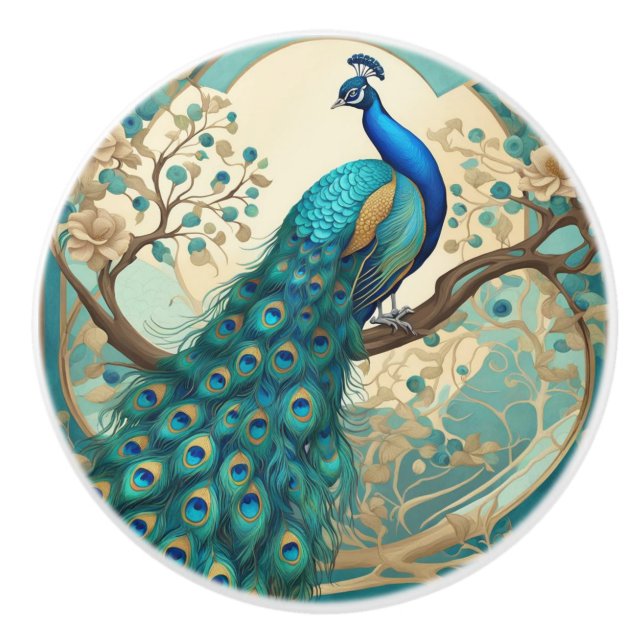Turquoise Peacock Bird Art Nouveau Art Deco Ceramic Knob (Front)