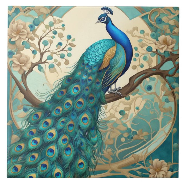 Turquoise Peacock Bird Art Nouveau Art Deco Tile (Front)