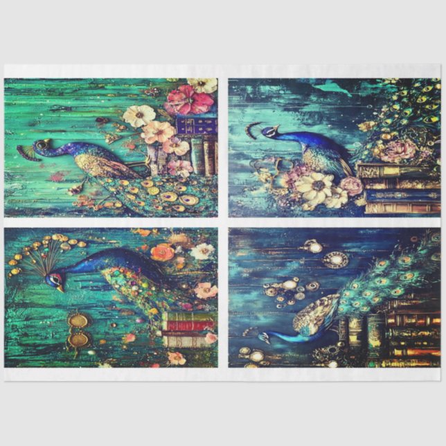 Turquoise Peacock Collage by Elsie Lane Tissue Paper (Front)