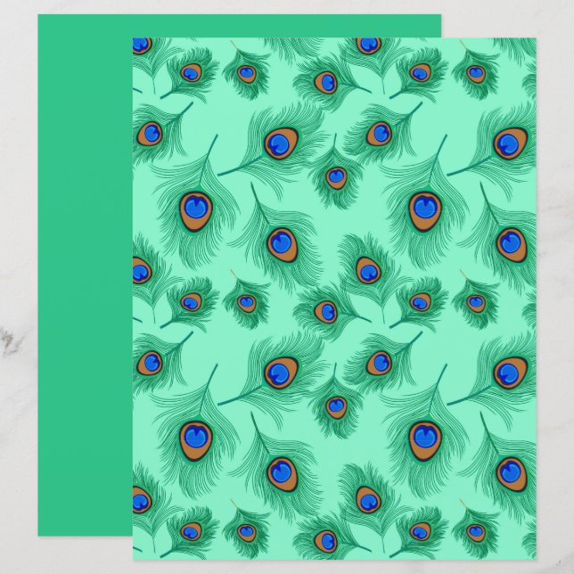 Turquoise Peacock Feathers on Light Aqua (Front/Back)