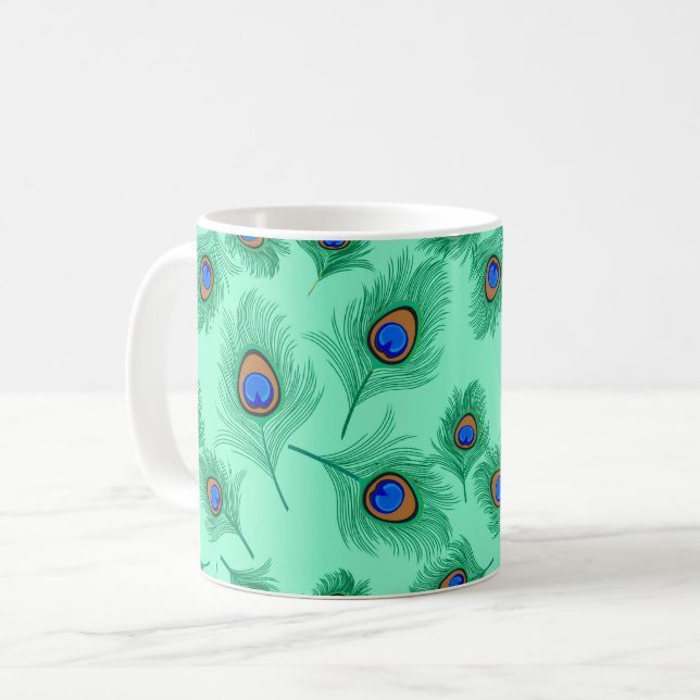 Turquoise Peacock Feathers on Light Aqua Coffee Mug (Front Left)