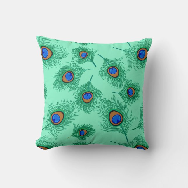 Turquoise Peacock Feathers on Light Aqua Cushion (Front)