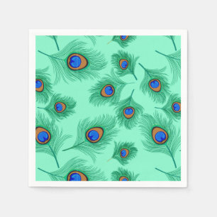 Turquoise Peacock Feathers on Light Aqua Napkin