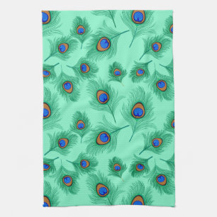 Turquoise Peacock Feathers on Light Aqua Tea Towel