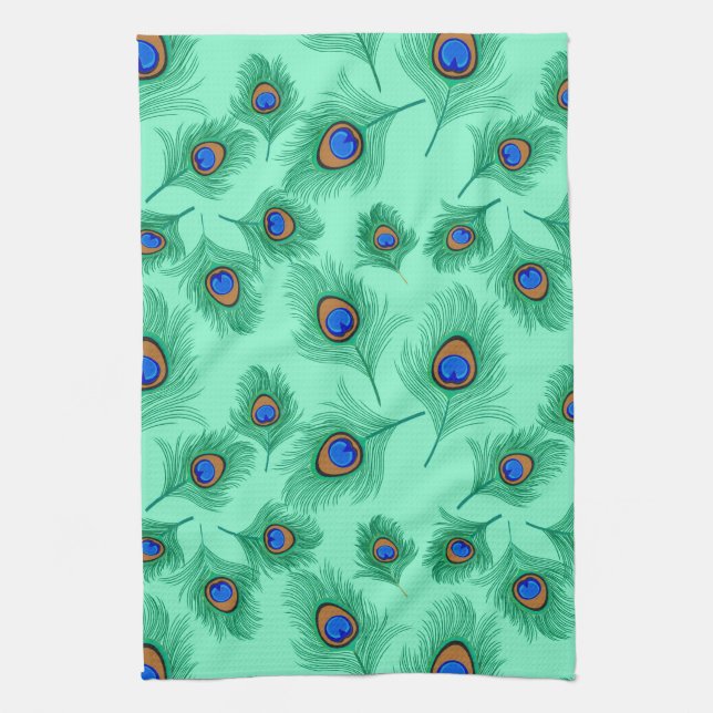 Turquoise Peacock Feathers on Light Aqua Tea Towel (Vertical)