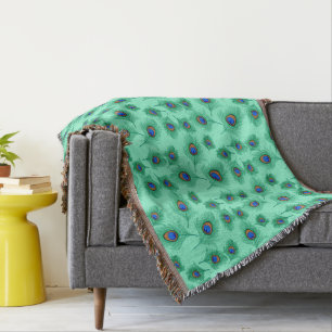 Turquoise Peacock Feathers on Light Aqua Throw Blanket