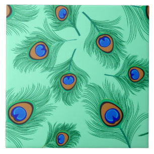 Turquoise Peacock Feathers on Light Aqua Tile
