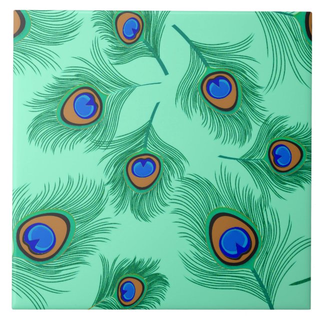 Turquoise Peacock Feathers on Light Aqua Tile (Front)