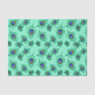 Turquoise Peacock Feathers on Light Aqua Tissue Paper