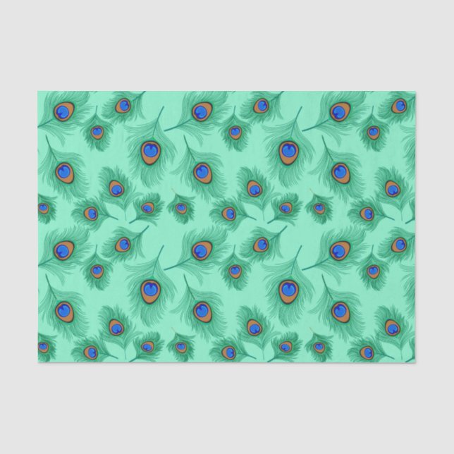 Turquoise Peacock Feathers on Light Aqua Tissue Paper (Front)