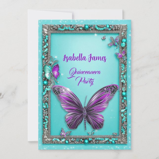 turquoise pearl purple Butterfly modern girly chic Invitation (Front)