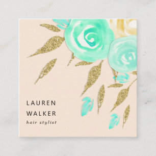 Turquoise Peonies faux gold glitter Business Card