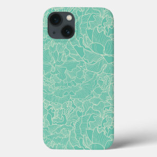 Turquoise Peony Pattern iPhone 13 Case