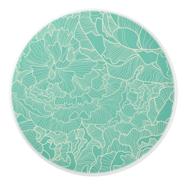 Turquoise Peony Pattern Ceramic Knob (Front)