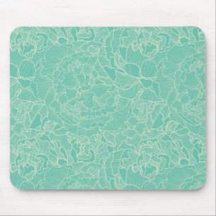 Turquoise Peony Pattern Mouse Mat