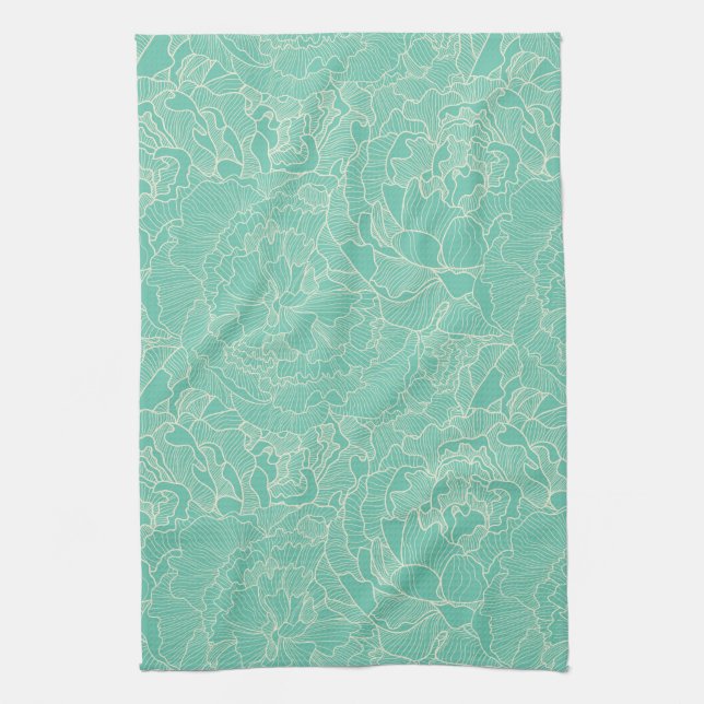 Turquoise Peony Pattern Tea Towel (Vertical)
