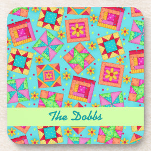 Turquoise Personalise Quilt Block Art Cork Coaster