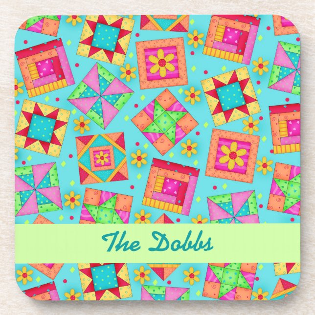 Turquoise Personalise Quilt Block Art Cork Coaster (Front)