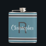 Turquoise Personalised Monogram Name Initial Drink Hip Flask<br><div class="desc">Single Initial & Name Monogrammed stainless steel flasks are timeless, classic and stylish. Our Unique design is the perfect personalised gift for that special occasion. Shop our integrated collection of coordinating colours and golf - sports accessories. Custom personal monogrammed initial and name combination is added to a turquoise and grey...</div>