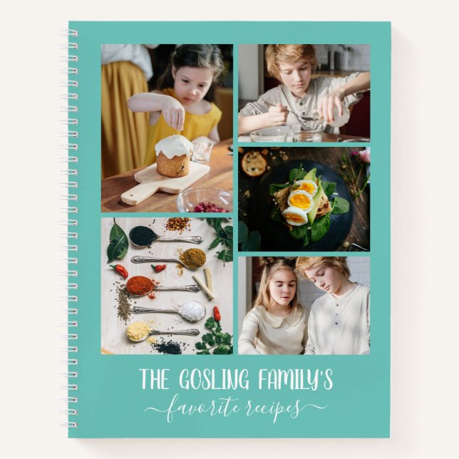 Turquoise Photo Collage Family Recipes Notebook (Front)