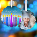 Turquoise Photo Hanukkah Menorah Candles Modern Tree Decoration Card<br><div class="desc">“Happy Hanukkah.” A playful, modern, artsy illustration of boho pattern candles and handwritten calligraphy script help you usher in the holiday of Hanukkah in style. Assorted blue boho candles with colourful faux foil patterns overlay a turquoise gradient to white textured background on the front. Your favourite photo adorns the back....</div>