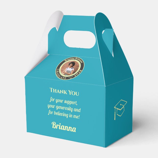 Turquoise Photo Modern Graduation Photo Thank You Favour Box (Front Side)