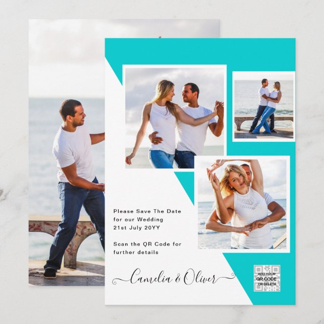Turquoise Photo Wedding Invite QR Code Save Date (Front/Back)