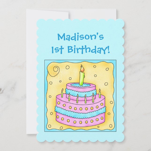 Turquoise Pink 1st Birthday Party Cake Invitation (Front)