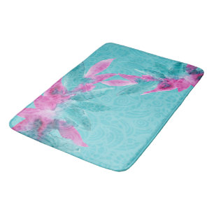 Turquoise Pink Abstract Hawaiian Flowers Bath Mat