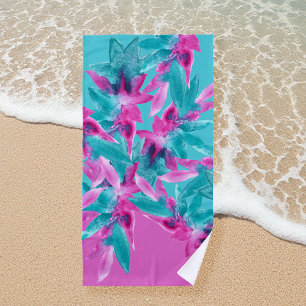Turquoise Pink Abstract Hawaiian Flowers Beach Towel